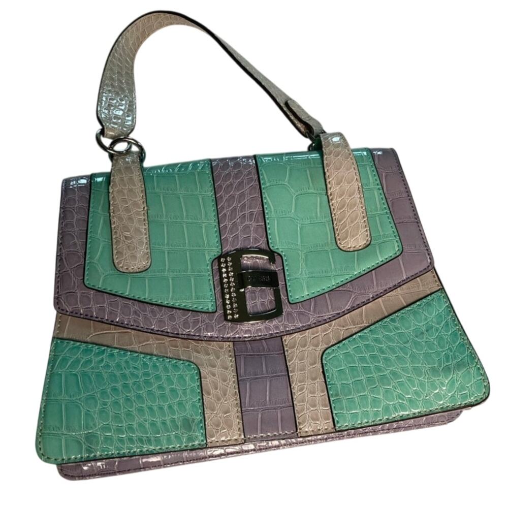 Vintage Guess Handbag Y2K Blue Green Jade Gray Crocodile Pattern